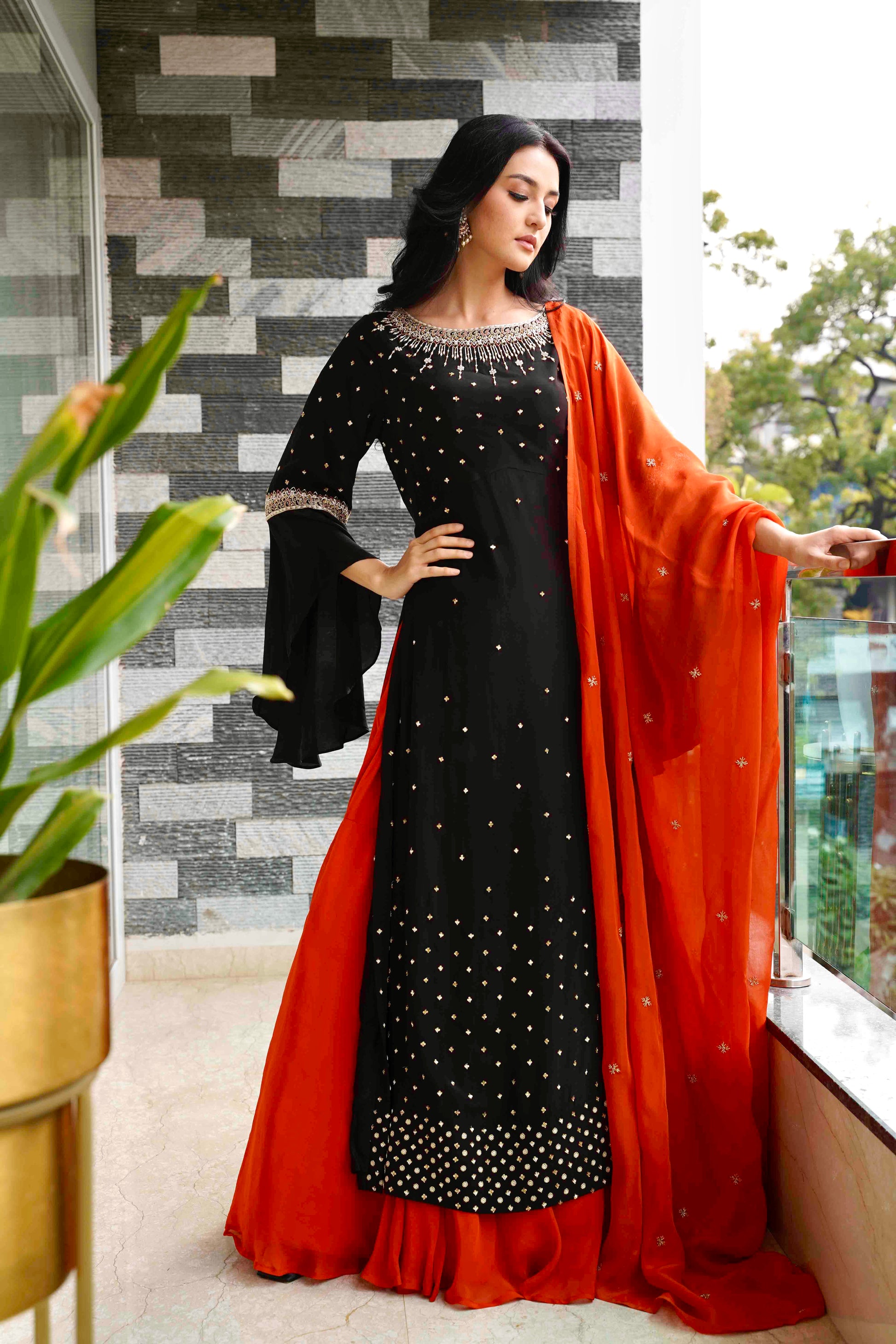Ornate Contrast Ensemble - Black, full pose, contrast combination- black and orange
