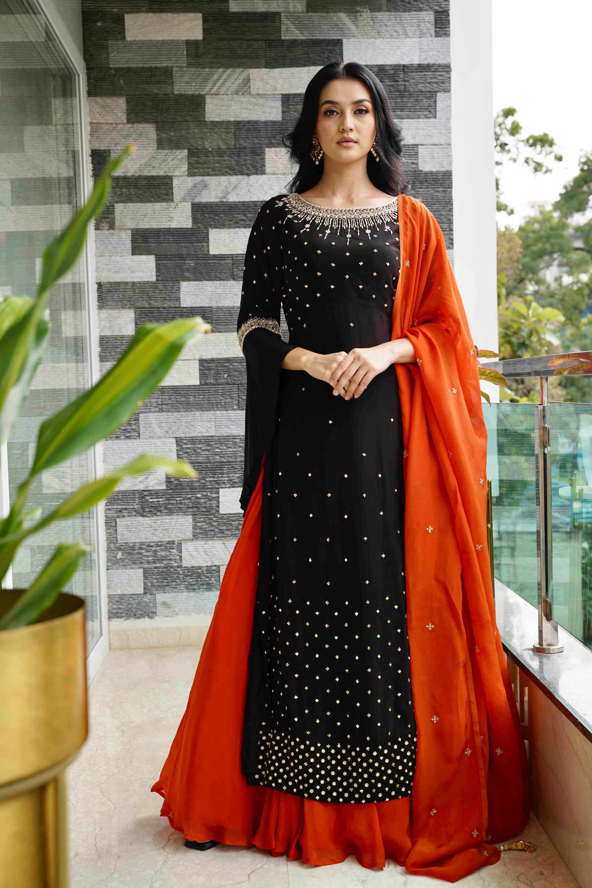 Ornate Contrast Ensemble - Black, full pose two, contrast combination- black and orange