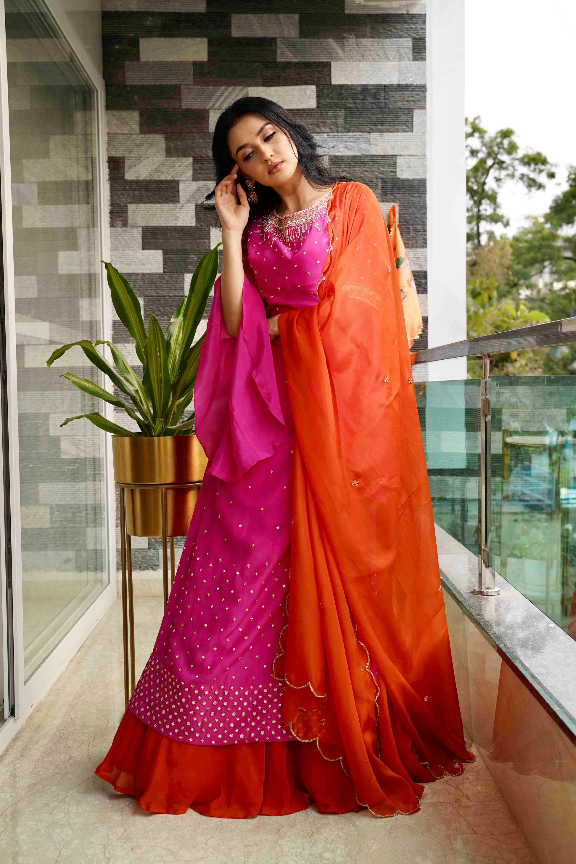 Ornate Contrast Ensemble - Pink, front pose, two