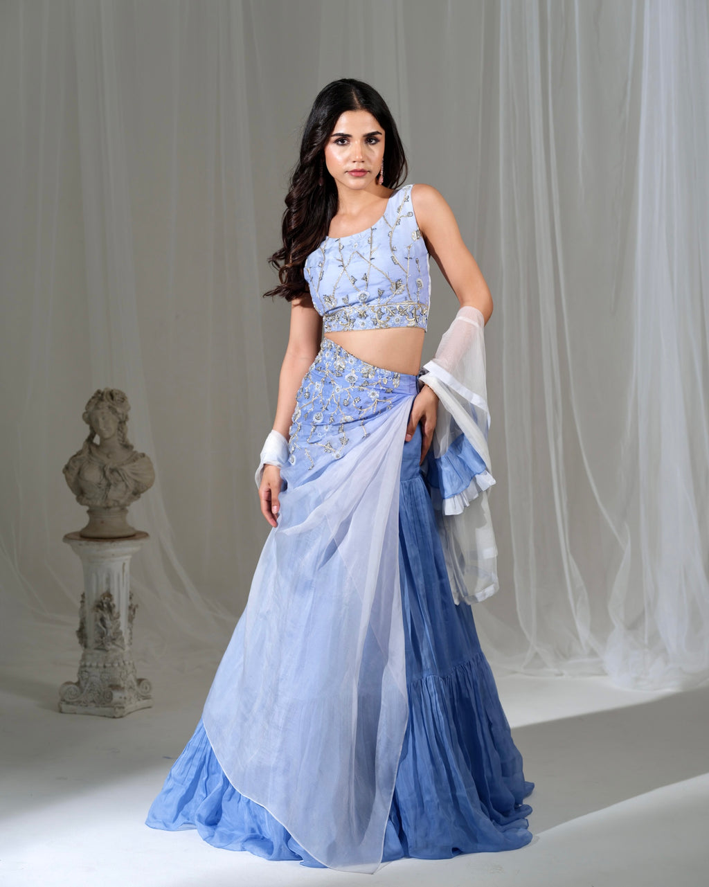 Woman wearing a light blue saree with a matching blouse against a gray background