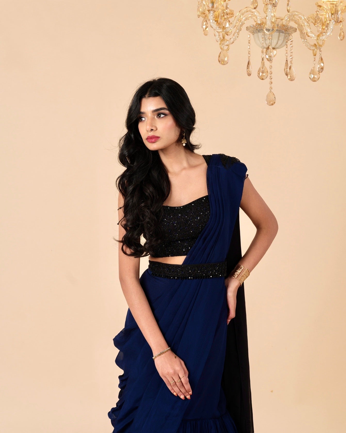 Woman wearing a navy blue saree with a black blouse against a beige background