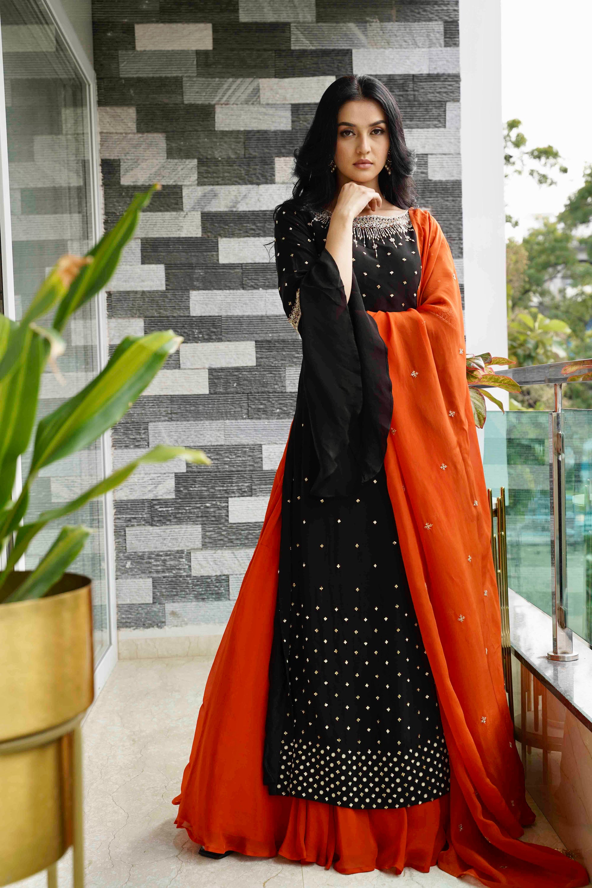 Ornate Contrast Ensemble - Black, full pose, contrast combination- black and orange