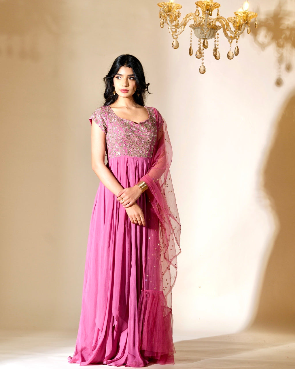 Woman wearing a pink saree with a matching blouse against a neutral background