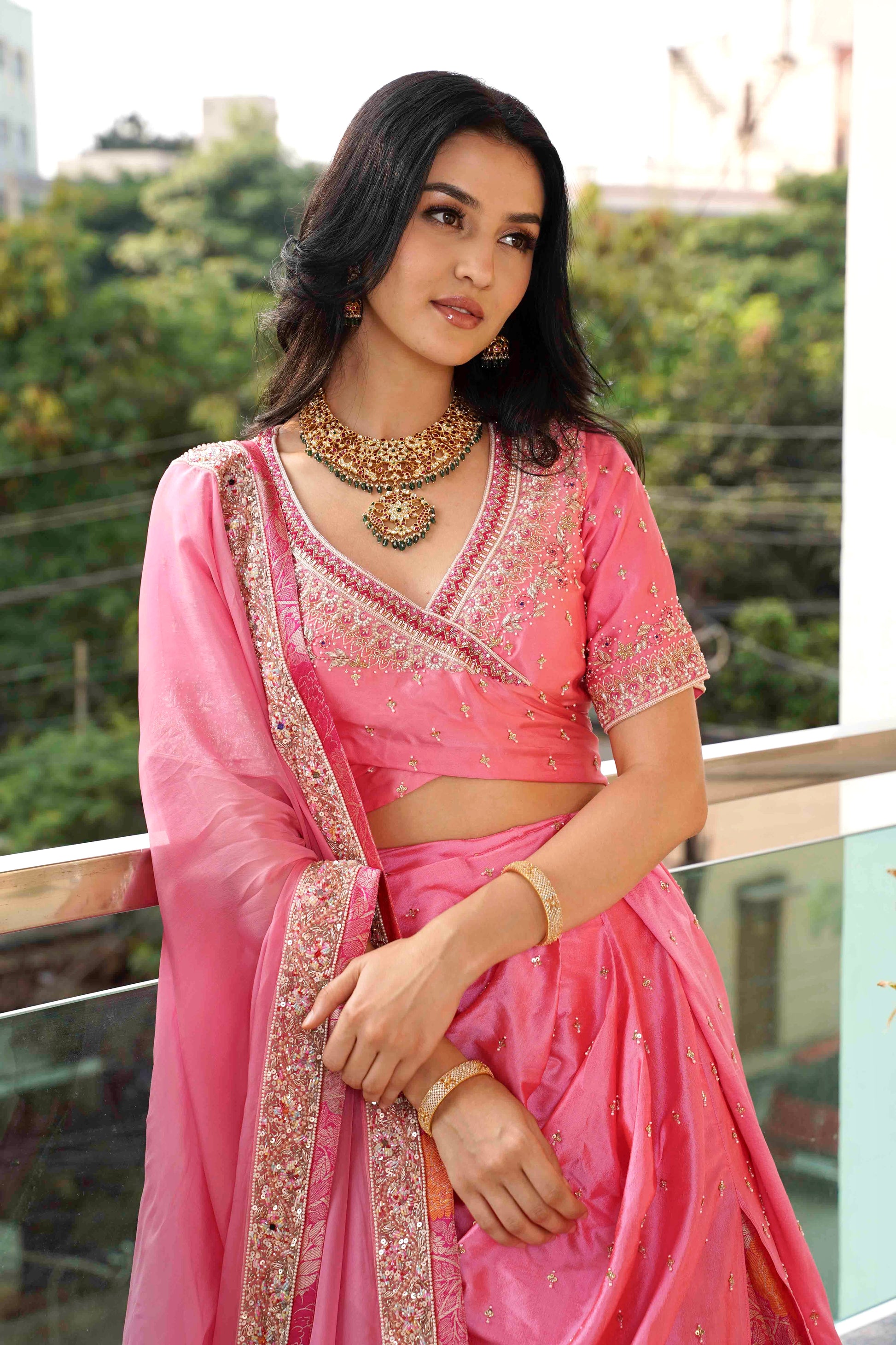 Woman in a pink saree with a scenic background