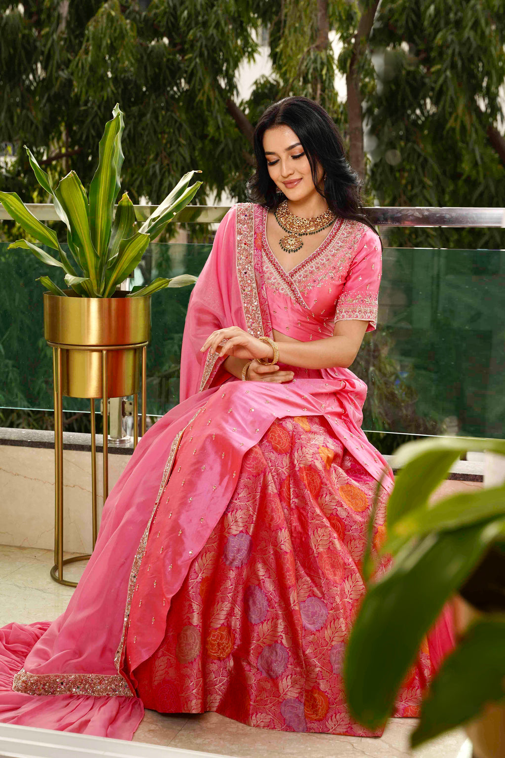 Zarina Ember Lehenga, sitting pose