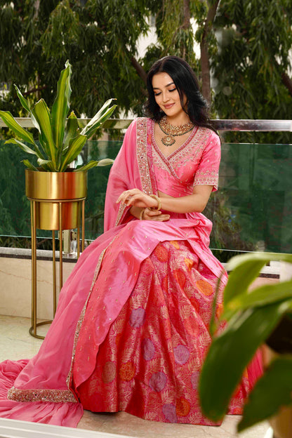 Zarina Ember Lehenga, sitting pose